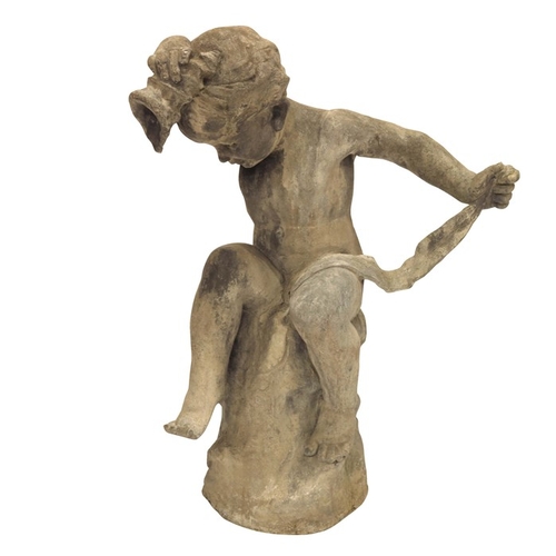 530 - A 19th century lead garden sculpture, modelled as a putto, sitting on a plinth, holding a conch shel... 