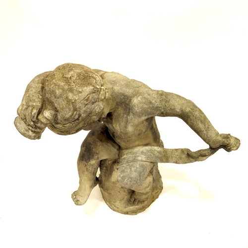 530 - A 19th century lead garden sculpture, modelled as a putto, sitting on a plinth, holding a conch shel... 