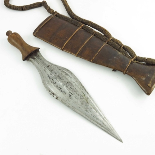 540 - A Congolese ritual knife, Luba or Baluba, leaf-shaped blade and wooden hilt in a two piece wooden sc... 