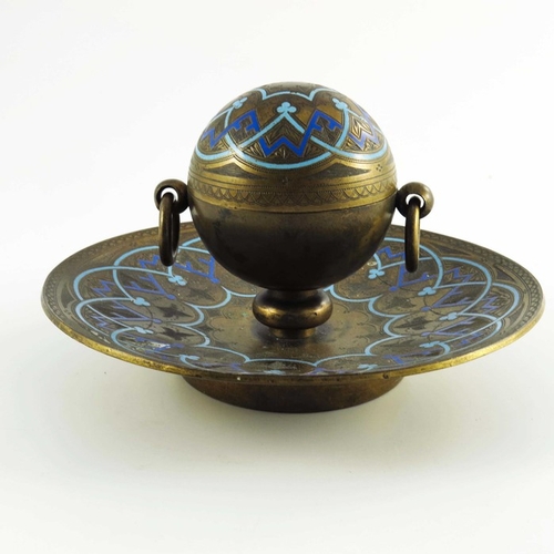 544 - A Victorian ormolu and champlevé enamelled inkwell, circa 1860, the spherical container with hinged ... 