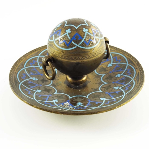 544 - A Victorian ormolu and champlevé enamelled inkwell, circa 1860, the spherical container with hinged ... 