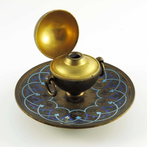 544 - A Victorian ormolu and champlevé enamelled inkwell, circa 1860, the spherical container with hinged ... 