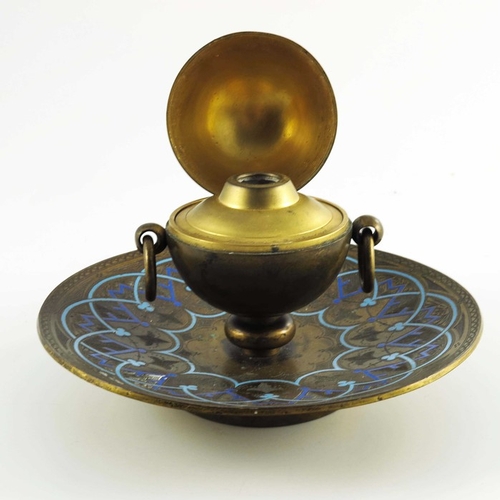 544 - A Victorian ormolu and champlevé enamelled inkwell, circa 1860, the spherical container with hinged ... 