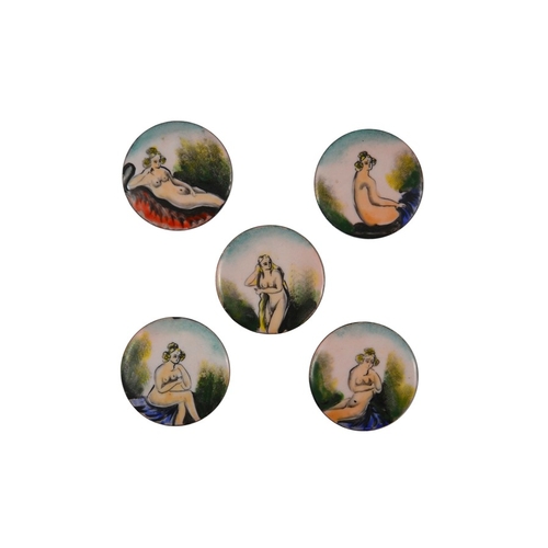 560 - Five Continental enamelled metal plaques, circa 1915, Secessionist style, decorated with nude women,... 