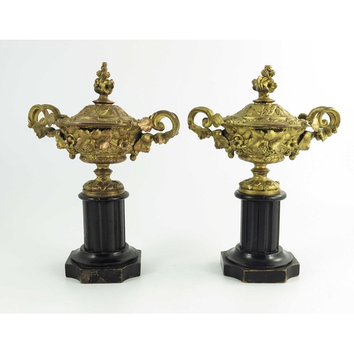 562 - A pair of gilt metal Warwick vases, with twin vine leaf cast handles, the body with entwined vines, ... 