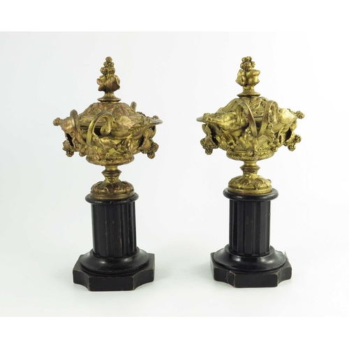 562 - A pair of gilt metal Warwick vases, with twin vine leaf cast handles, the body with entwined vines, ... 