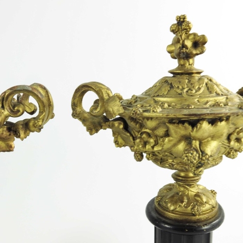 562 - A pair of gilt metal Warwick vases, with twin vine leaf cast handles, the body with entwined vines, ... 