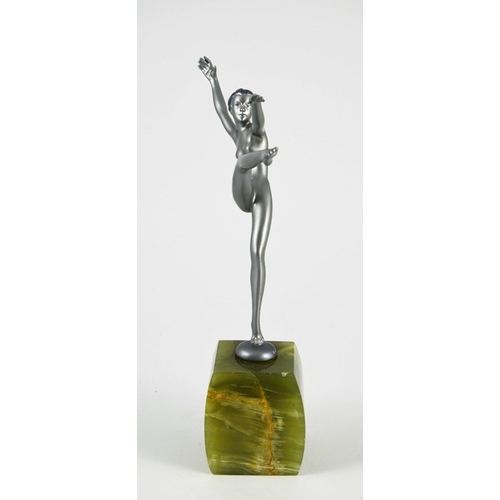 572 - Josef Lorenzl, an Art Deco silvered bronze figure of a nude dancer, circa 1925, on green onyx pedest... 