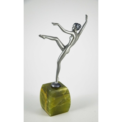 572 - Josef Lorenzl, an Art Deco silvered bronze figure of a nude dancer, circa 1925, on green onyx pedest... 