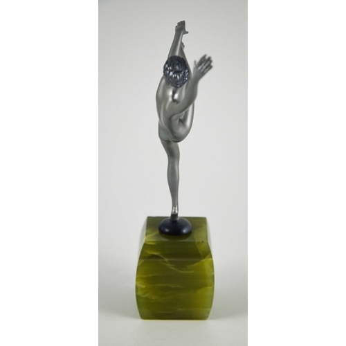 572 - Josef Lorenzl, an Art Deco silvered bronze figure of a nude dancer, circa 1925, on green onyx pedest... 