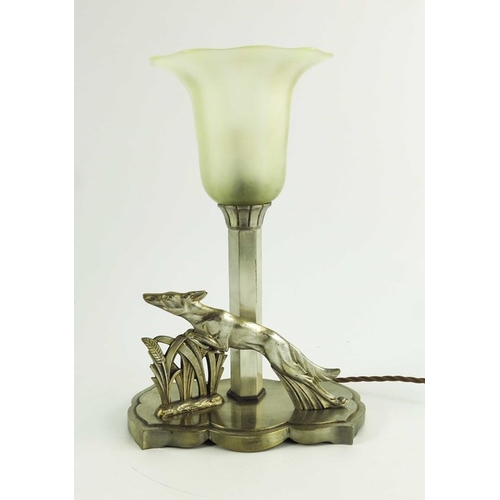 585 - An Art Deco silvered lamp, with opalescent frosted shade, modelled with leaping dog and wheat, 31cm ... 