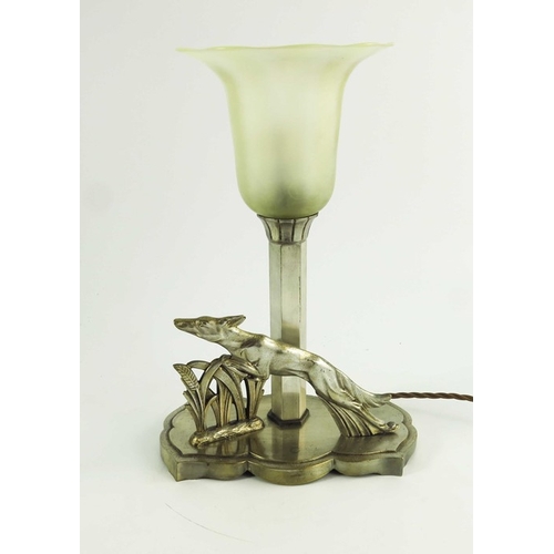 585 - An Art Deco silvered lamp, with opalescent frosted shade, modelled with leaping dog and wheat, 31cm ... 