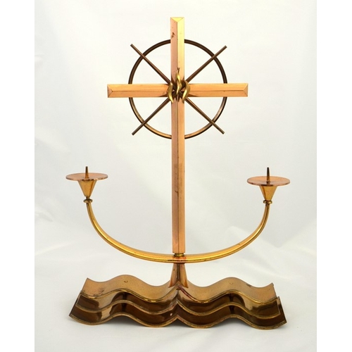 597 - A brass seafarers candelabra, by Francis Rosher, 1972, modelled as a ships wheel over waves, 51cm hi... 