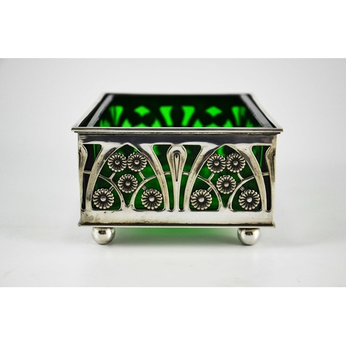 598 - Arthur Krupp, a Secessionist silver plate and glass trough, cuboid form, reticulated with stylised a... 