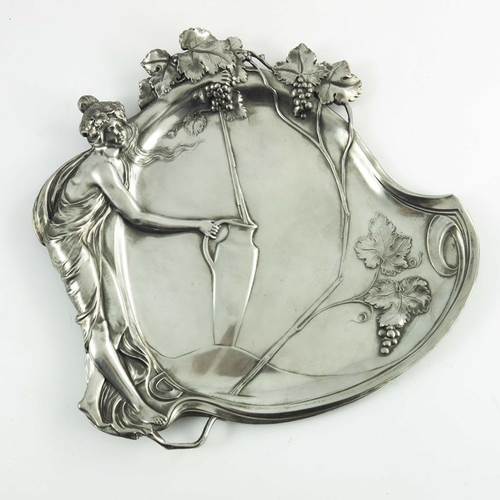 605 - WMF, a Jugendstil silver plated tray, model 252, relief moulded with a woman extracting grape juice ... 