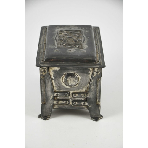 606 - A Secessionist pewter casket, cuboid form, embossed in relief with angular rivet work straps and cor... 