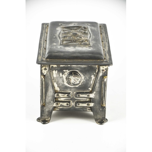 606 - A Secessionist pewter casket, cuboid form, embossed in relief with angular rivet work straps and cor... 