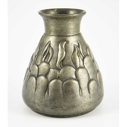 607 - Sigefried Wagner for Mogens Ballin, a Danish Art Nouveau pewter vase, circa 1900, conical baluster f... 