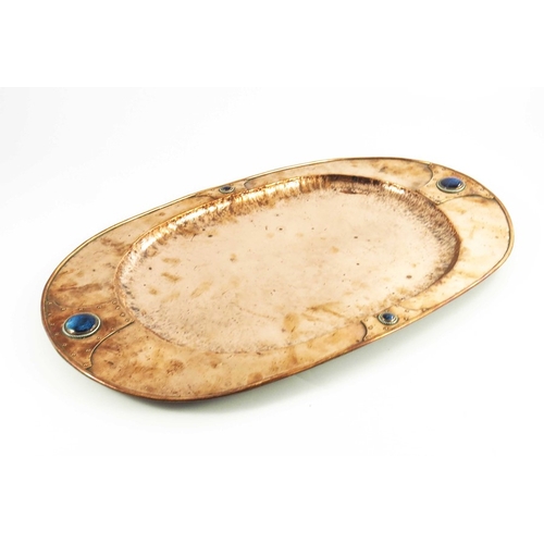 614 - A E Jones (attributed), an Arts and Crafts copper, silver and Ruskin cabochon tray, oval form, set w... 