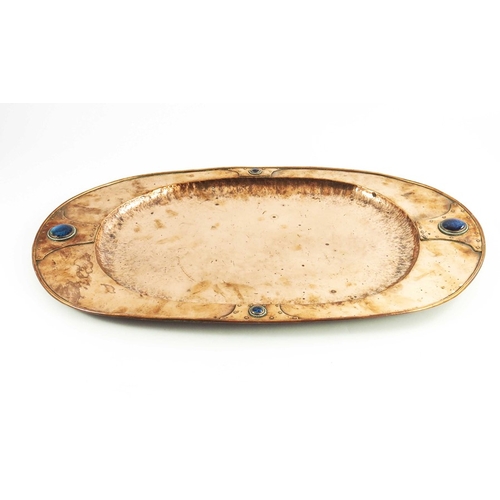 614 - A E Jones (attributed), an Arts and Crafts copper, silver and Ruskin cabochon tray, oval form, set w... 