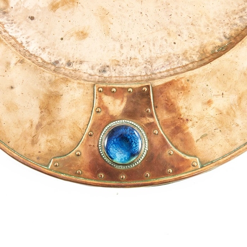 614 - A E Jones (attributed), an Arts and Crafts copper, silver and Ruskin cabochon tray, oval form, set w... 