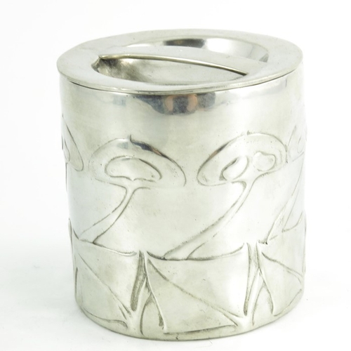 623 - Archibald Knox for Liberty and Co., a Tudric pewter biscuit barrel, model 0193, cylindrical form, re... 