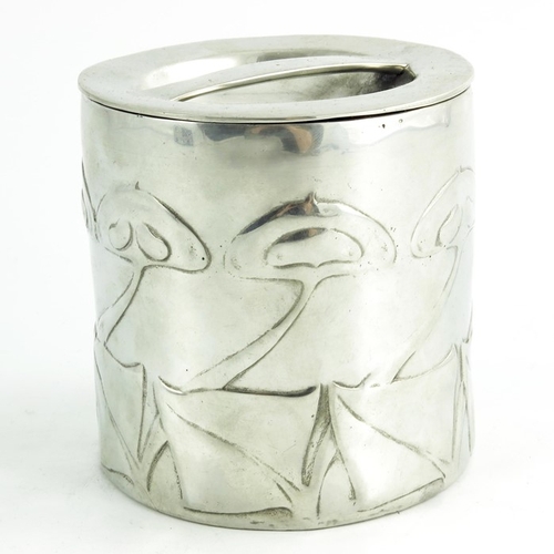 623 - Archibald Knox for Liberty and Co., a Tudric pewter biscuit barrel, model 0193, cylindrical form, re... 