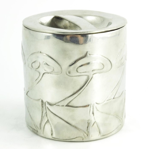 623 - Archibald Knox for Liberty and Co., a Tudric pewter biscuit barrel, model 0193, cylindrical form, re... 