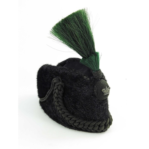 632 - Rifle Brigade Other Ranks busby cap, late 19th century, black cloth crown with appliqued cord figure... 