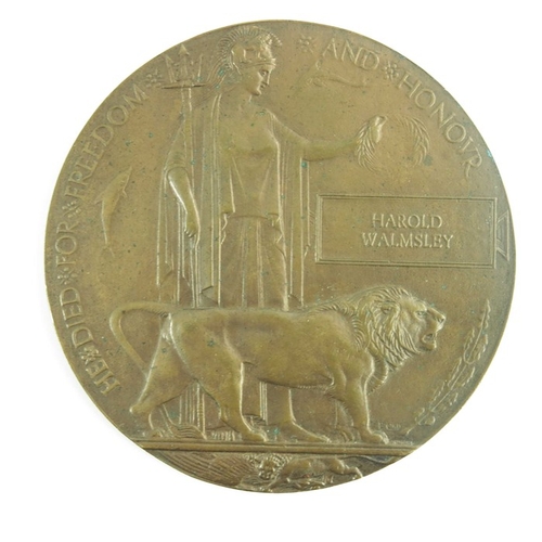 654 - World War One bronze Memorial Plaque, for Harold Walmsley