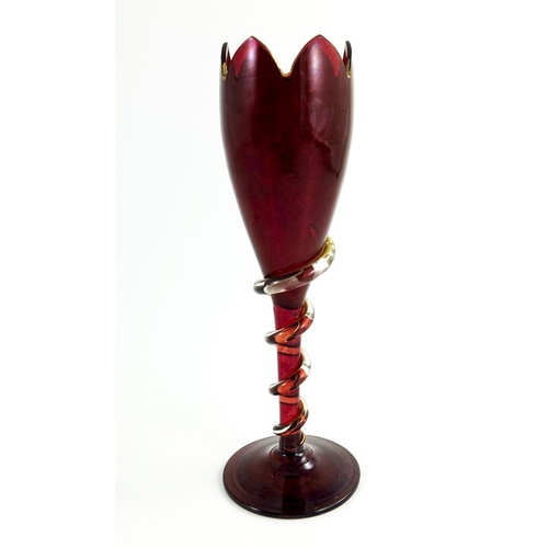 669 - 19th century Bohemian ruby glass, including pedestal vase, with denticulated rim and applied ribbon ... 