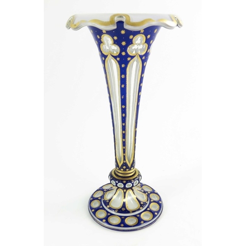 672 - A Bohemian glass vase, white and blue overlaid with gilding,trumpet Lily form, circa 1890, 30cm high... 