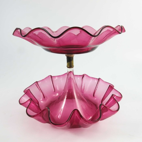 673 - A Victorian cranberry glass two tier epergne, circa 1880, crimped, 21.5cm high