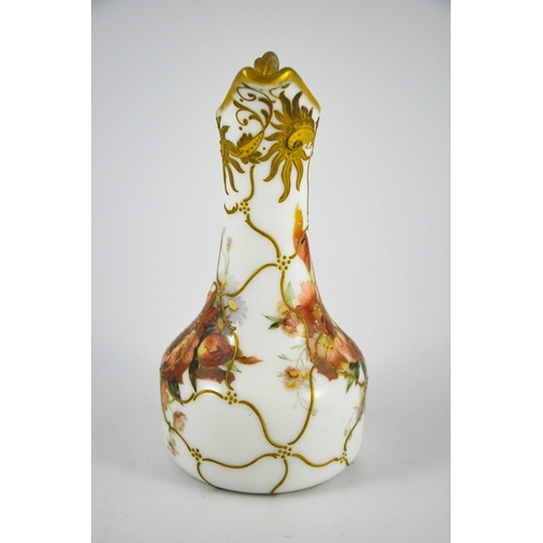 674 - A Mount Washington enamelled opaque glass jug, bulbous form, the handle naturalistically modelled wi... 