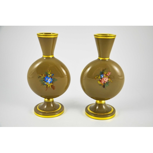 676 - A pair of Bohemian enamelled glass vases, footed flat moonflask form with conical necks, brown opaqu... 