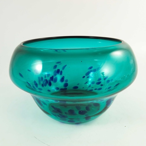 692 - An art glass bowl, squat acorn form, turquoise with blue spots to the lower body, 25cm diameter