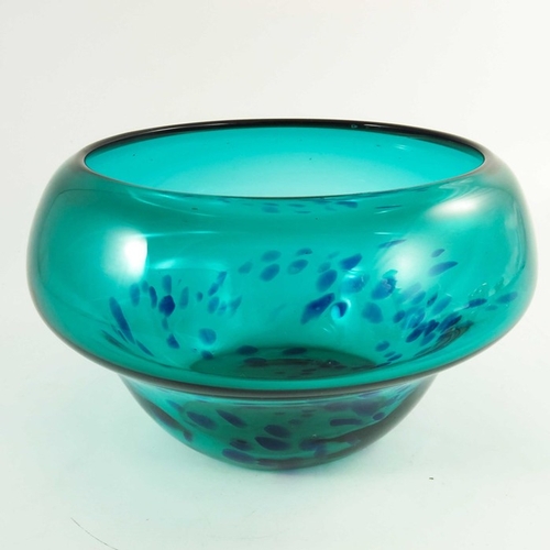 692 - An art glass bowl, squat acorn form, turquoise with blue spots to the lower body, 25cm diameter