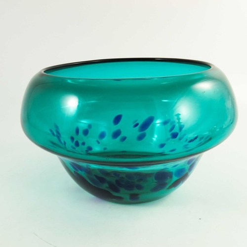 692 - An art glass bowl, squat acorn form, turquoise with blue spots to the lower body, 25cm diameter