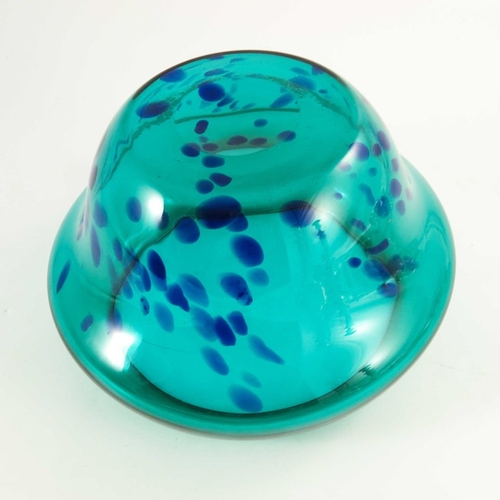 692 - An art glass bowl, squat acorn form, turquoise with blue spots to the lower body, 25cm diameter