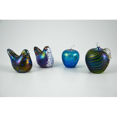 694 - Kris Heaton for Neo Art Glass, iridescent studio glass paperweights, including two birds and an appl... 