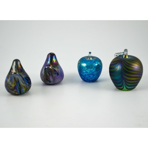 694 - Kris Heaton for Neo Art Glass, iridescent studio glass paperweights, including two birds and an appl... 