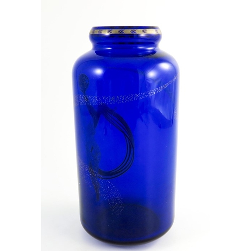 697 - A Franklin Mint Fireflies by Erte glass vase, 1988, blue with gilt decoration, cylindrical form, 26c... 