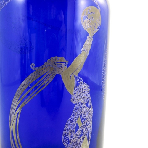 697 - A Franklin Mint Fireflies by Erte glass vase, 1988, blue with gilt decoration, cylindrical form, 26c... 