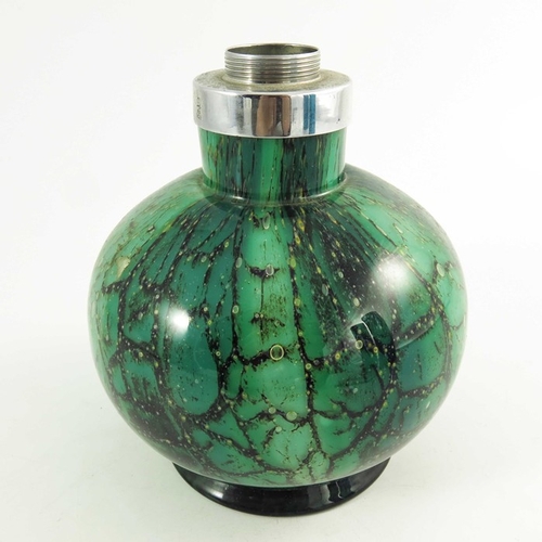 699 - WMF, an Ikora glass lamp base, footed spherical form, marbled green black, with chrome fitting,16.5c... 