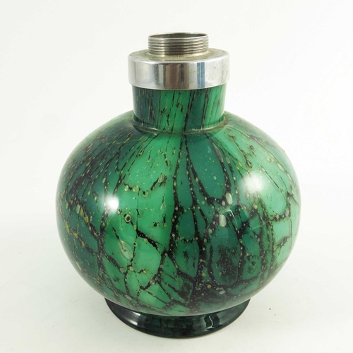 699 - WMF, an Ikora glass lamp base, footed spherical form, marbled green black, with chrome fitting,16.5c... 