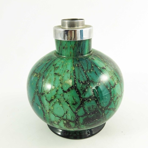 699 - WMF, an Ikora glass lamp base, footed spherical form, marbled green black, with chrome fitting,16.5c... 