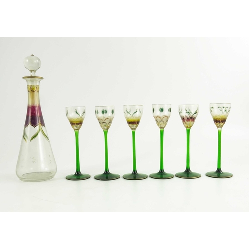 701 - Theresienthal, a Jugendstil enamelled glass liqueur set, circa 1905, the long stemmed glasses with o... 