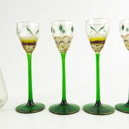 701 - Theresienthal, a Jugendstil enamelled glass liqueur set, circa 1905, the long stemmed glasses with o... 