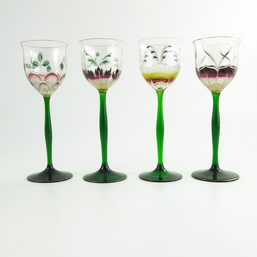 702 - Theresienthal, a set of four Jugendstil enamelled wine glasses, circa 1905, each with a ribbed tulip... 