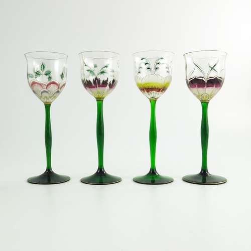 702 - Theresienthal, a set of four Jugendstil enamelled wine glasses, circa 1905, each with a ribbed tulip... 